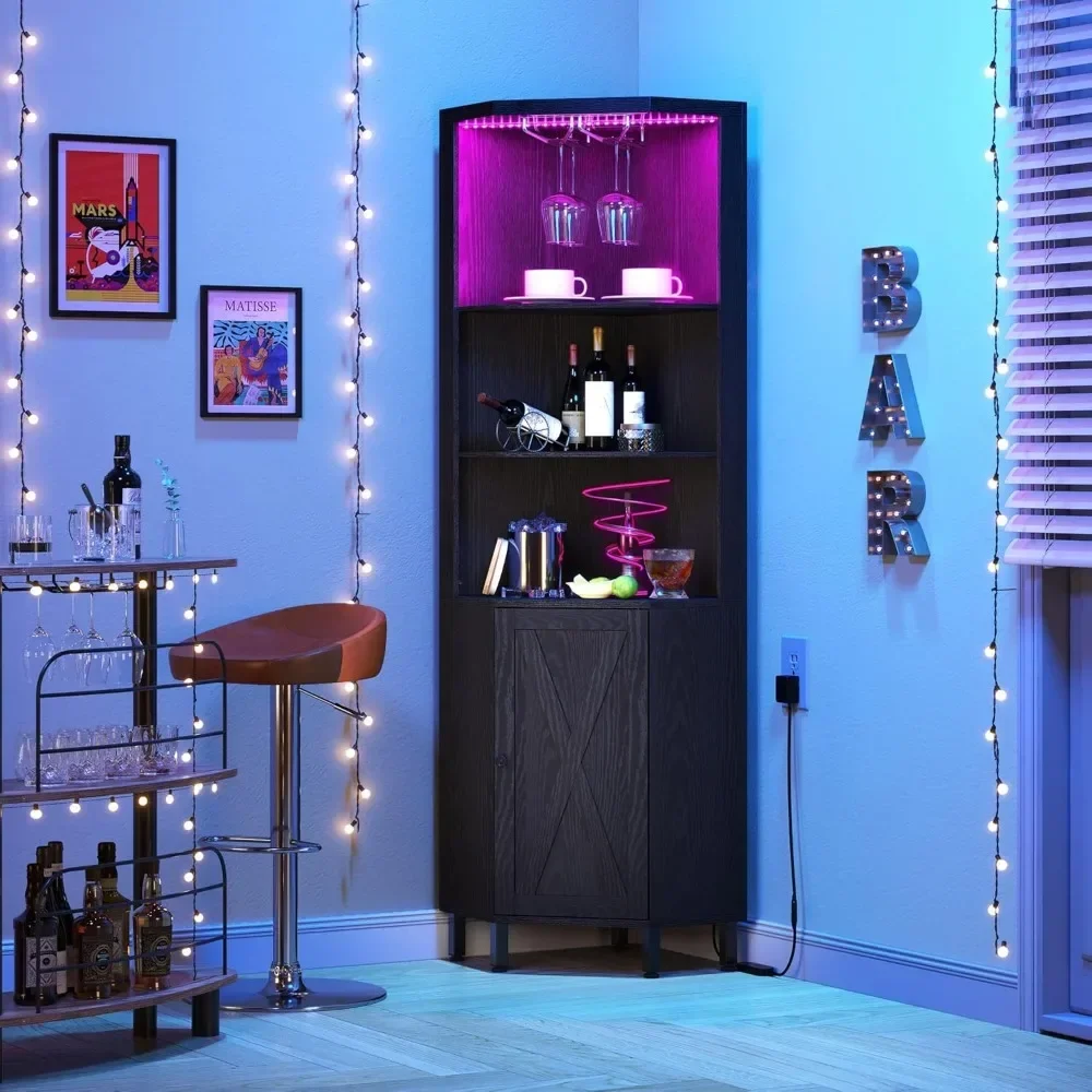 Corner Bar Cabinet with LED Lights & Glass Holder, 5 Tier Corner Shelf with Storage, Wine Rack Cabinet Display Shelves