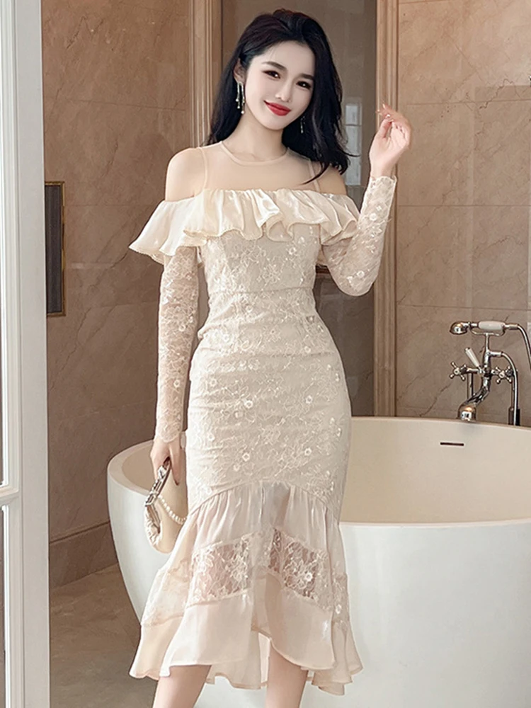 Sweet Gentle Prom Dresses for Women Sheer Mesh Ruffles Lace Splice Bodycon Fishitail Robe Party Runway Vestidos Fiesta Clothes