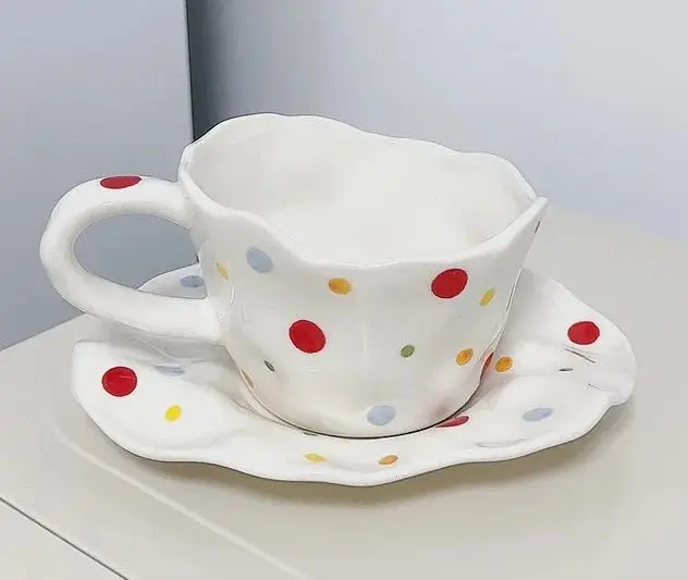 1 pcs 200 ML Ceramic coffee cup plate polka dot flower mug irregular design set afternoon tea cup ins high aesthetic value