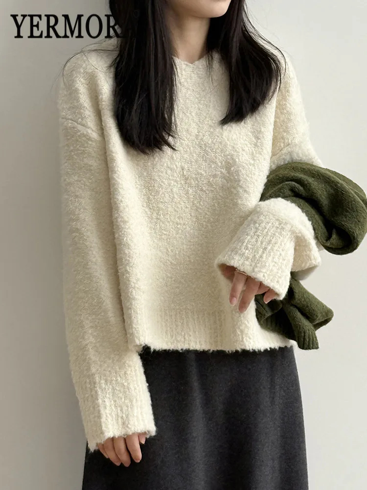 

YERMORA Beige Brief Casual Knitting Pullover For Women Hooded Long Sleeve Loose New Sweater Fashion Tide Autumn Winter 2025