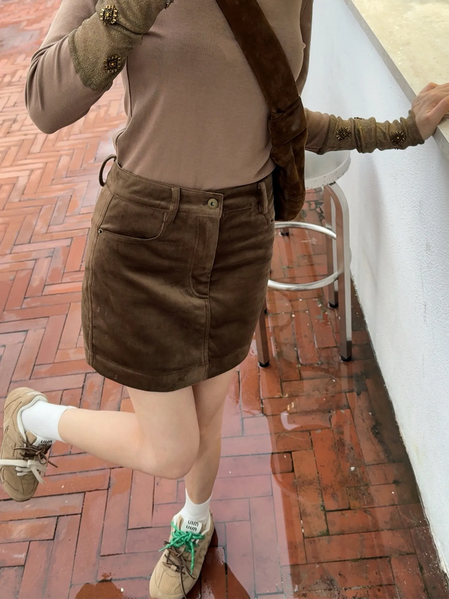 

ASBR Vintage Brown Velvet Midi Skirt Straight Cut Slimming Wrap around Women's Casual Cotton ket Design mid Waist Skirt