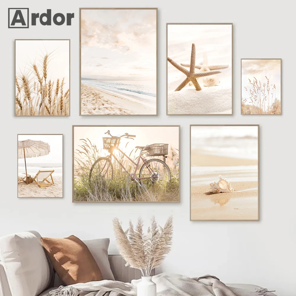 Conch Starfish Beach Canvas Poster Dried Grass Bike Art Painting Wheat Print Pictures Nordic Wall Posters Living Room Home Decor