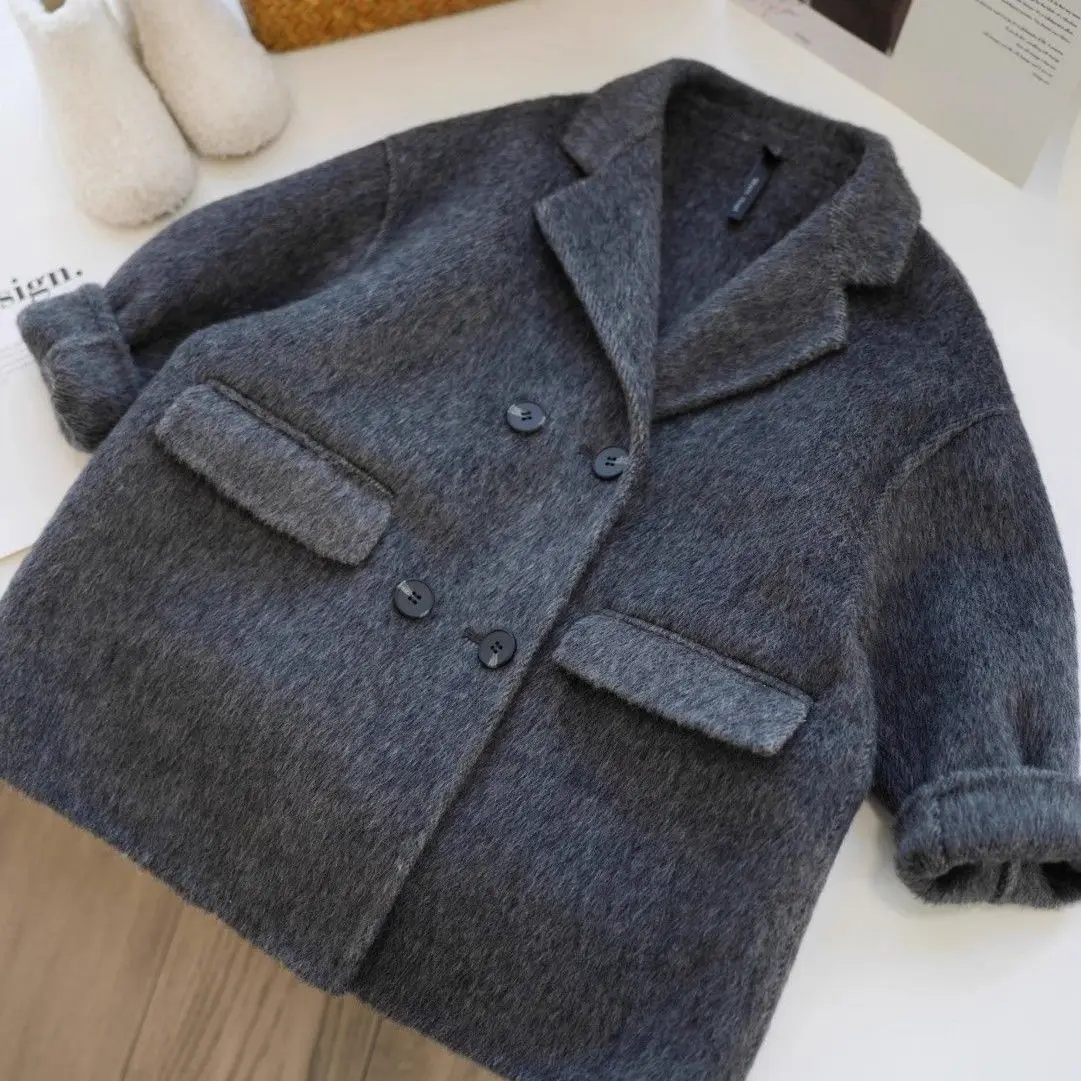 Children's Autumn and Winter Gray Double-sided Imitation Cashmere Coat for Boys with Color Combination and Thickened Woolen Coat