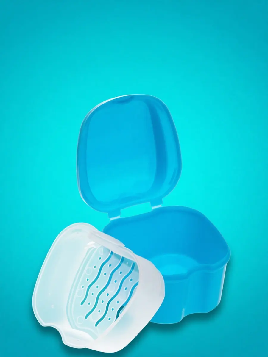 Denture Box Case with Rinsing Basket and Hanging Net for Travel Storage Denture Cleaning Drying PP Material Light