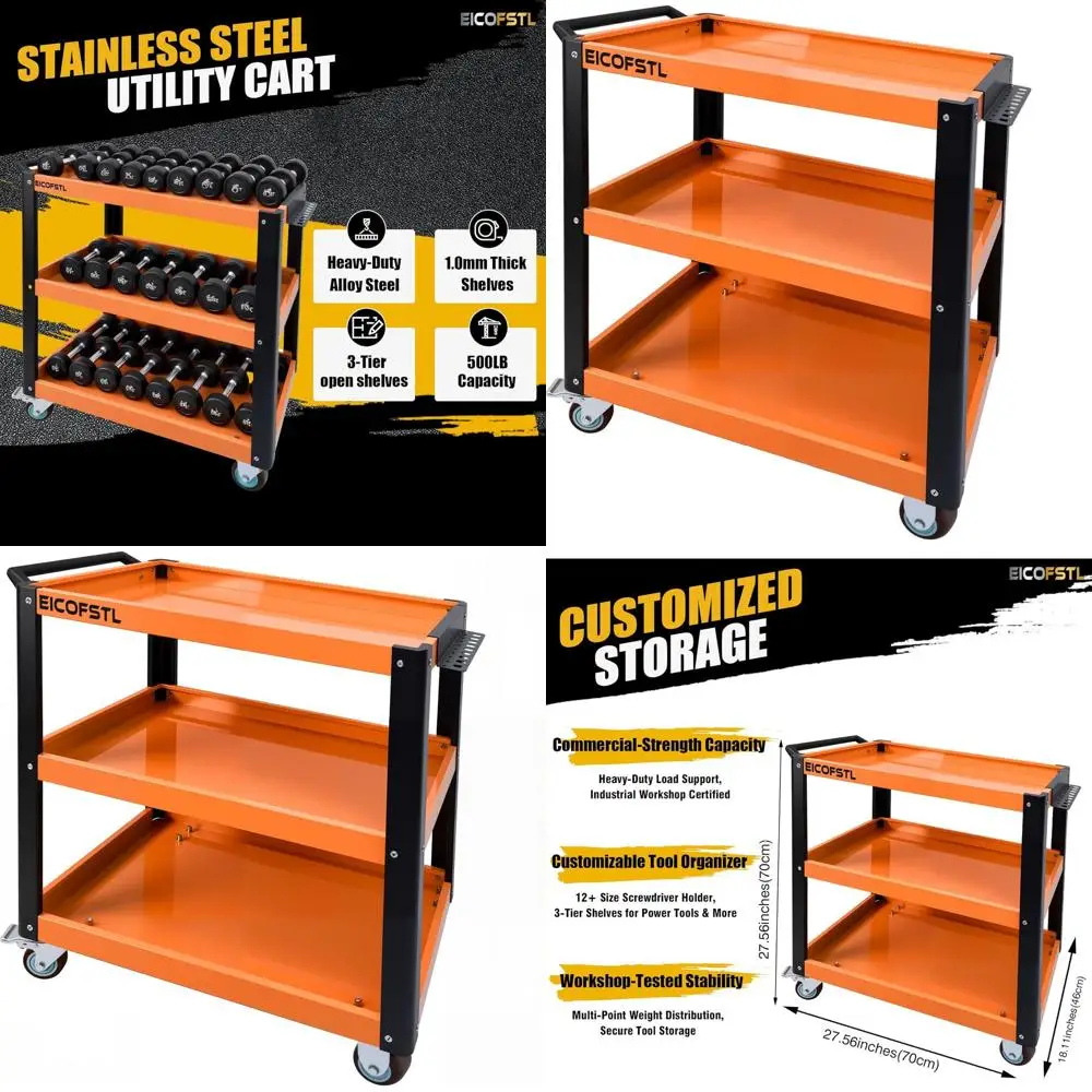 3-Tier Heavy-Duty Stainless Steel Utility Cart with Screwdriver Holder & 4 Wheels (2 Locking), 500LB Capacity for Workshop Stora