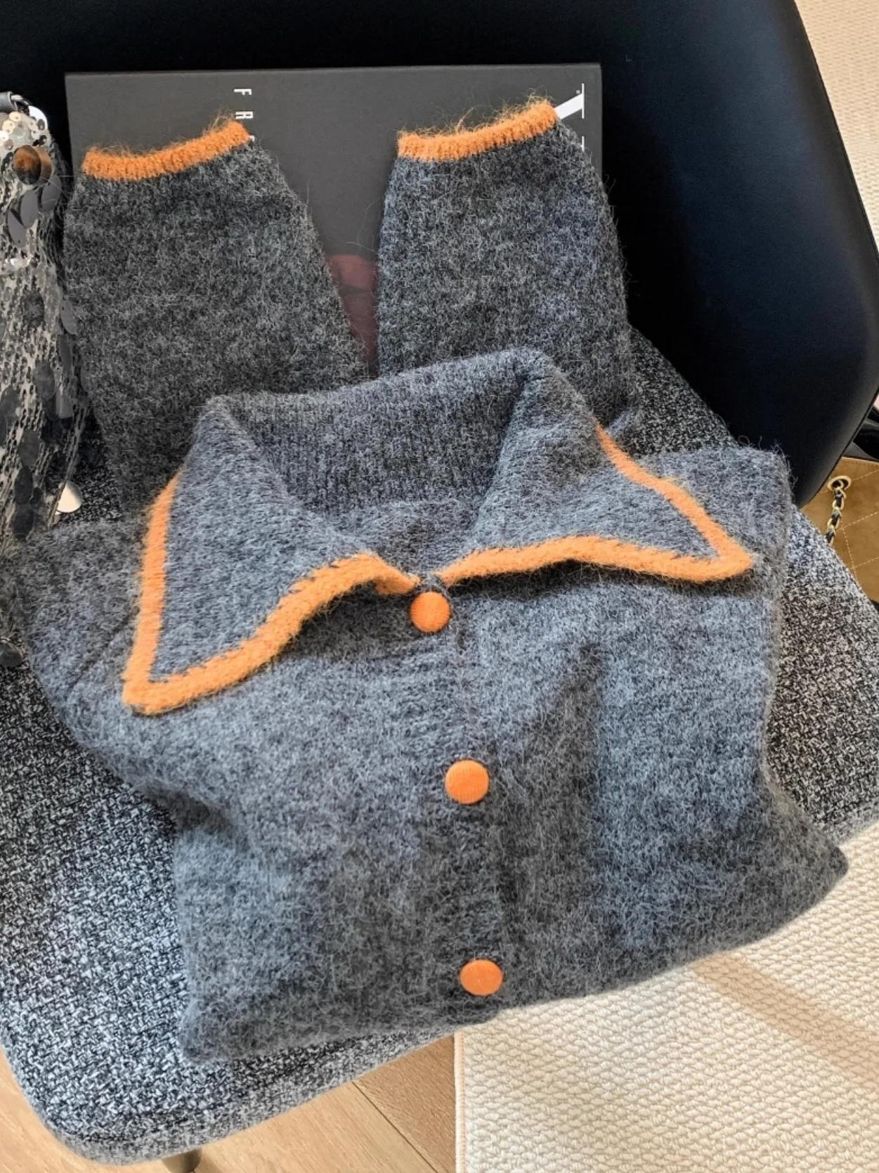 

Ретро-кардиган с цветными вставками и отложным воротником, вязаный свитер-жакет, женская свободная верхняя одежда, осенне-зимний корейский шелковый топ