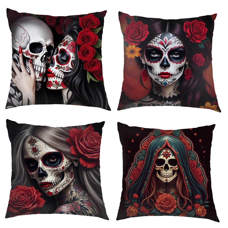 

Santa Muerte Mexico Skull Cushion Covers Holy Death Pillowcases Sofa Bedroom House Office Pillowcase Home Party Car Bedding