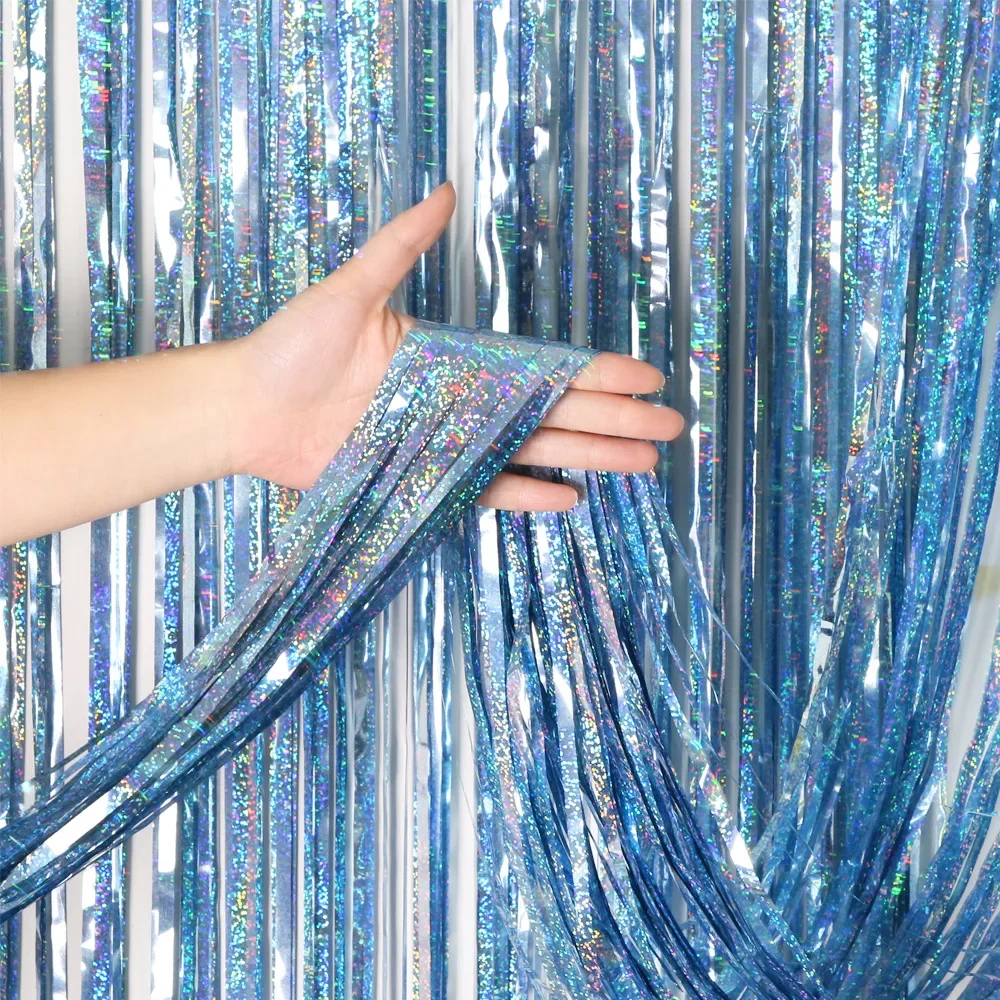 Blue 2M*1M Laser Tinsel Foil Curtain Frozen Party Supplies Birthday Decoration  Kids Boy Girl Gender Reveal Wedding Decor
