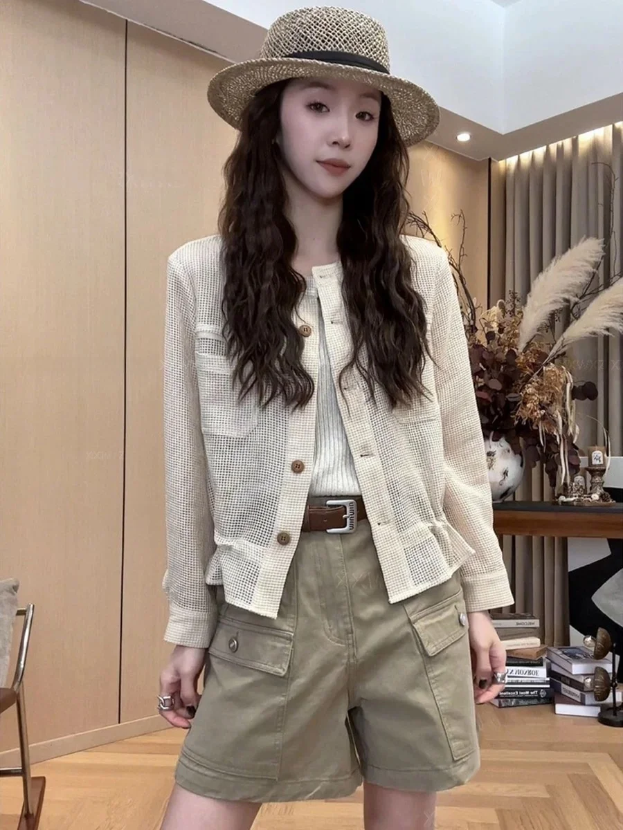 Lightweight Mesh Hollow out Women's Sun Protection Shirt Long Sleeve Drawstring Hem Design Summer Fashion Outerwear