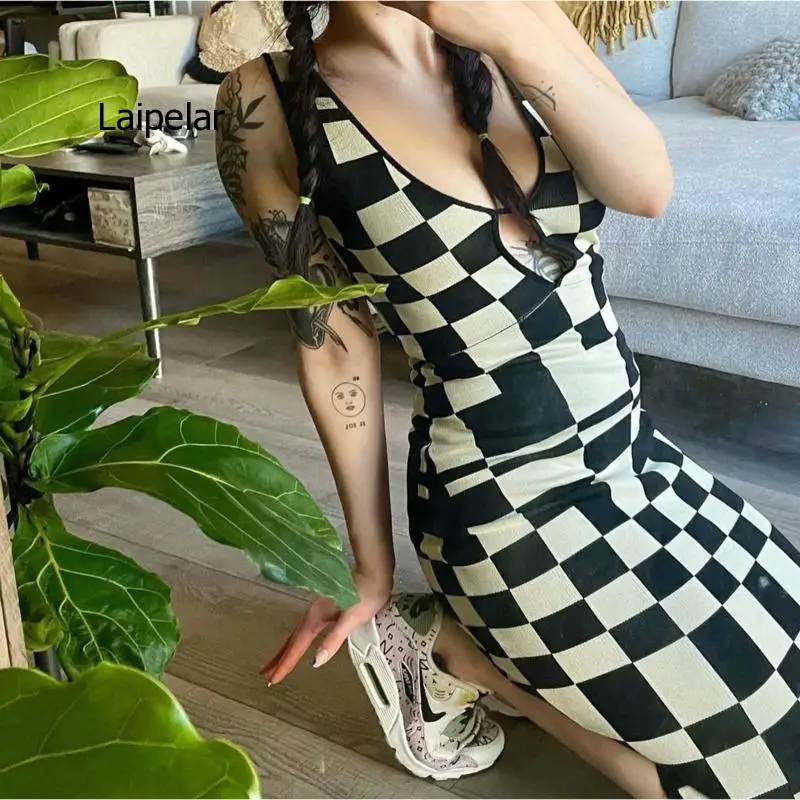 

Plaid Print Knitted Dress Women Summer Sexy Bodycon Party Dresses Backless Spaghetti Strap Hollow Out Women Dresses 2022