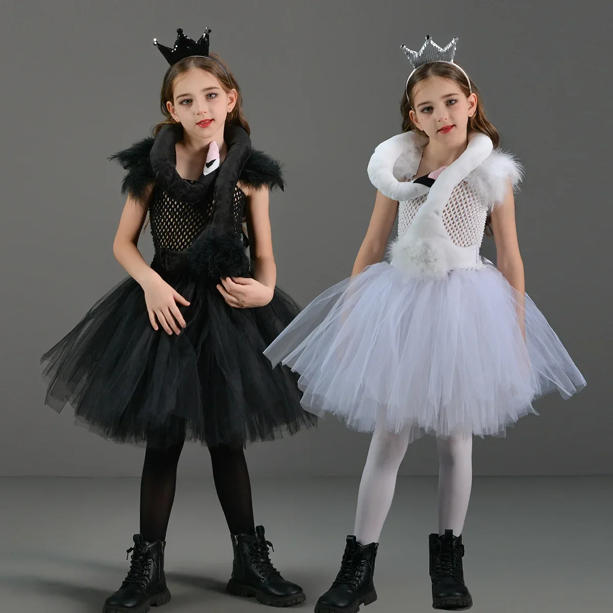 Conjunto de vestido Swan Princess preto e branco para meninas, traje cosplay, vestidos elegantes, roupas de Halloween, verão 2-12Y para crianças