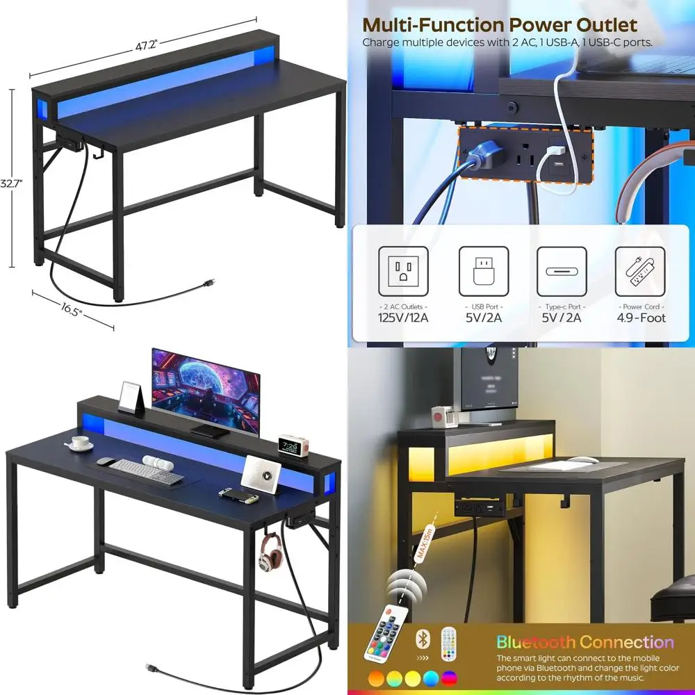 

Игровой стол с LED-подсветкой 47.2 и зарядной станцией, 2-уровневый стол для домашнего офиса, 4 боковых крючка, идеально подходит для гостиной/домашнего офиса, черный