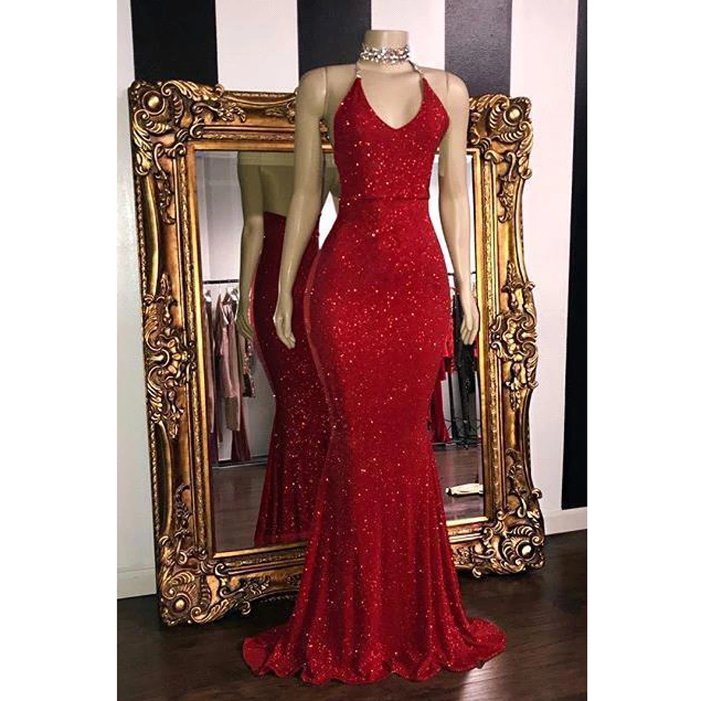 Sexy Backless Halter Sparkly Red Sequined Evening Dresses For Women 2023 Mermaid Robe De Soiree Prom Gown Wedding Party Vestidos