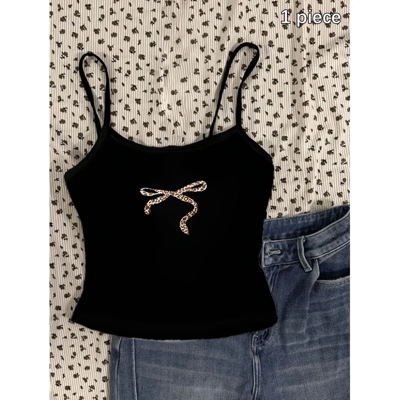 Leopard print bow tie silk ribbon strapless women's Y2K sweet and cool black short-sleeved top with shoulder strap