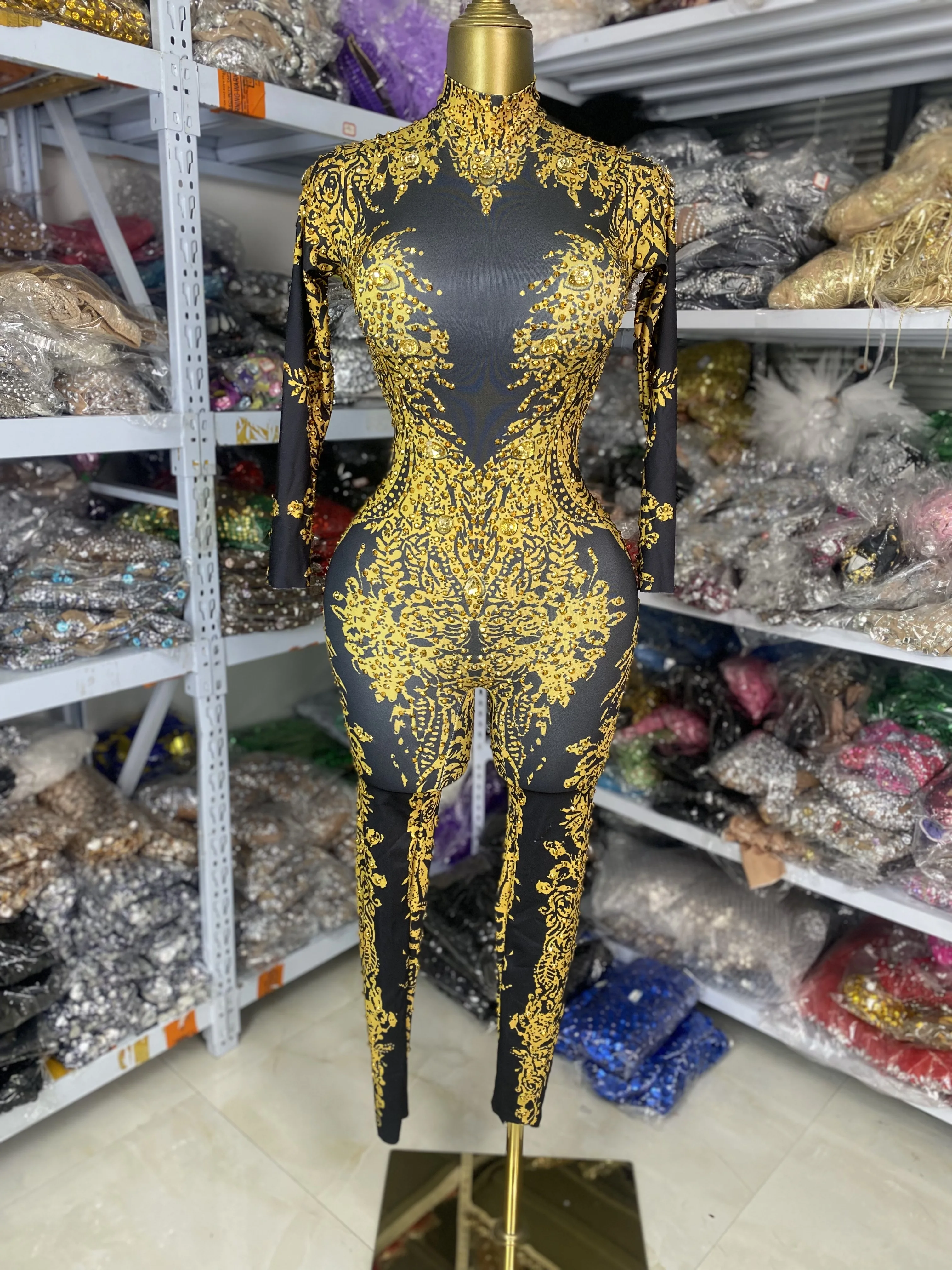

Women Gold Printed Floral Rhinestones Bodycon Jumpsuits Celebrity Evening Club Party Nightbar DJ Gogo Dress Music Stage Costume