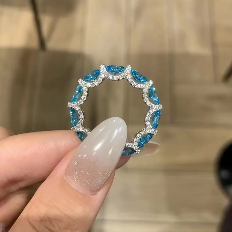 Luxury 925 Silver Paraiba Women Jewelry Set AU750 Full Diamond Tennis Chain Line Bracelet Blue Tourmaline Eternity Stacked Ring