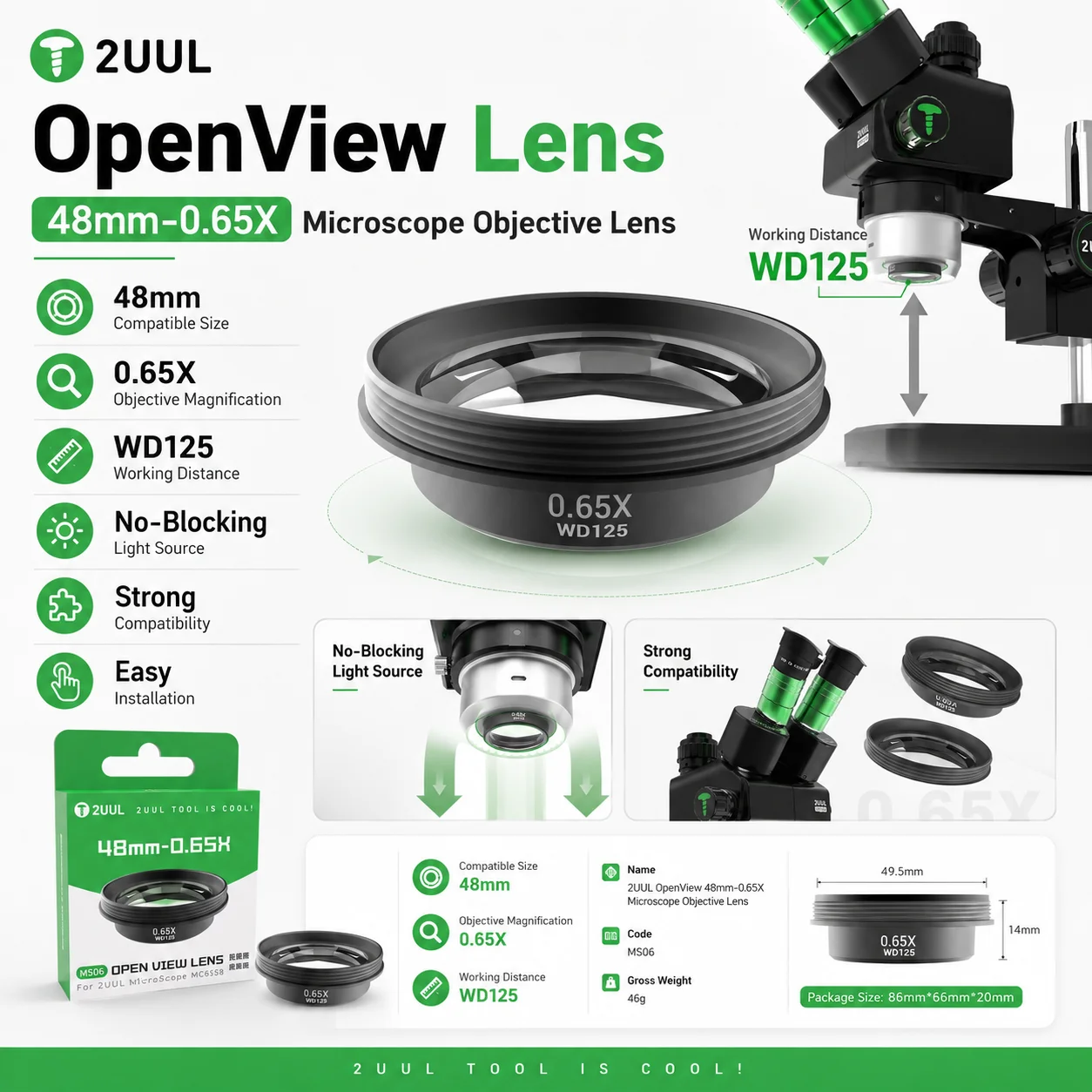 Objectif de microscope 2UUL MS06 OpenView 0.65X 48mm WD125 pour inspection de carte mère, outils auxiliaires pour microscope