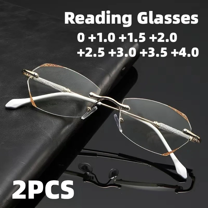 

2PCS New Stylish Slim-Frame Anti-Blue Light Presbyopia Eyewear Elegant Frameless Reading Glasses for Women Diopter 0 To +4.0