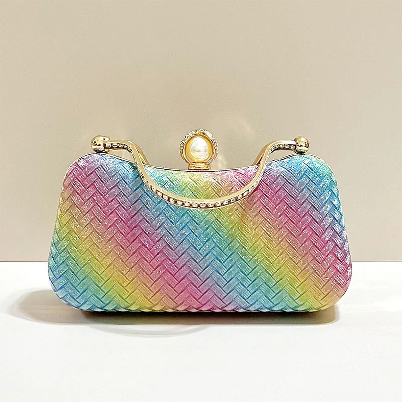 Women's Glitter Rainbow Evening Handbags Sparkly Sequins Weaving Wedding Party Clutch Bag Box Lady Shoulder Chain Top Handle Bag