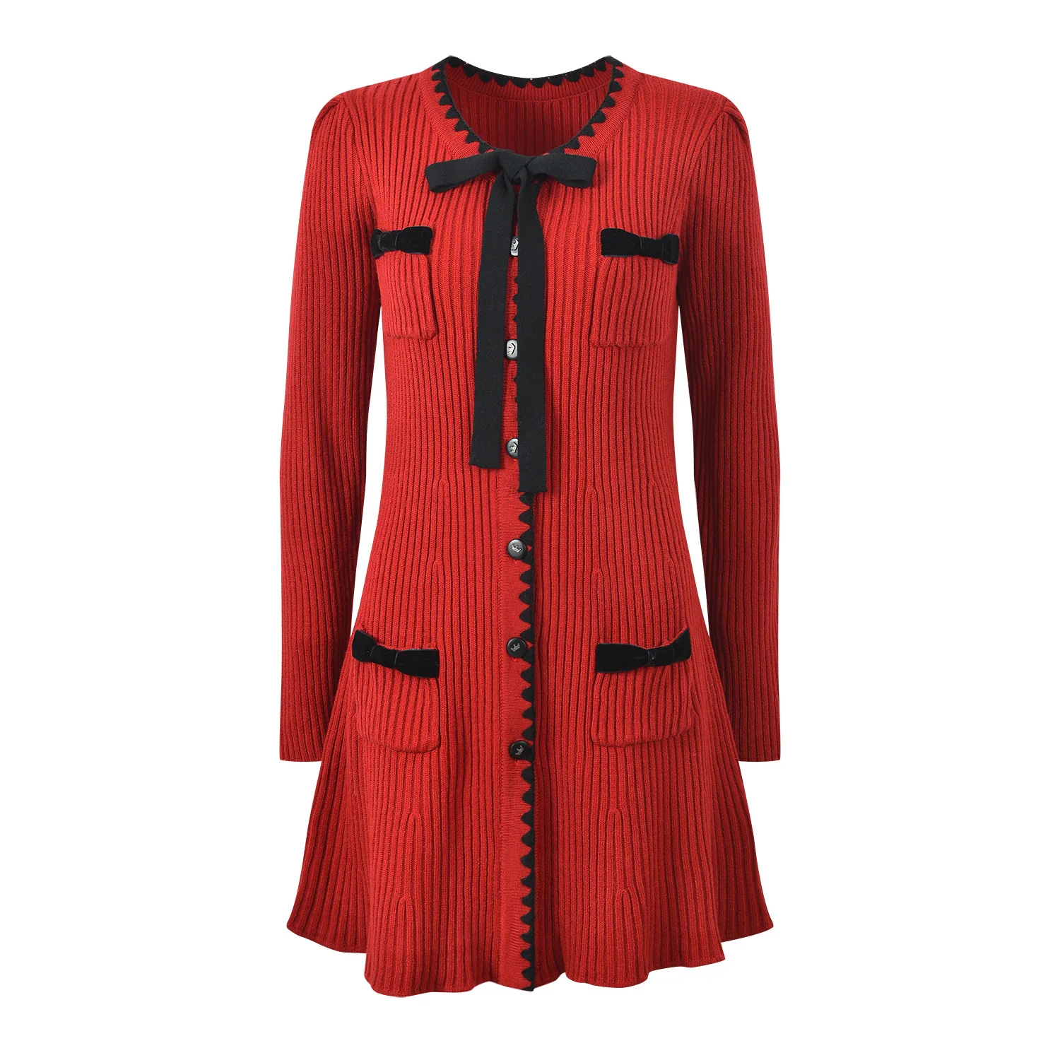 

Red Knitted Dr with Bow Tie Waist Slimming Ele Faionable Age-Defng round Ne Single Button Four kets High Waist