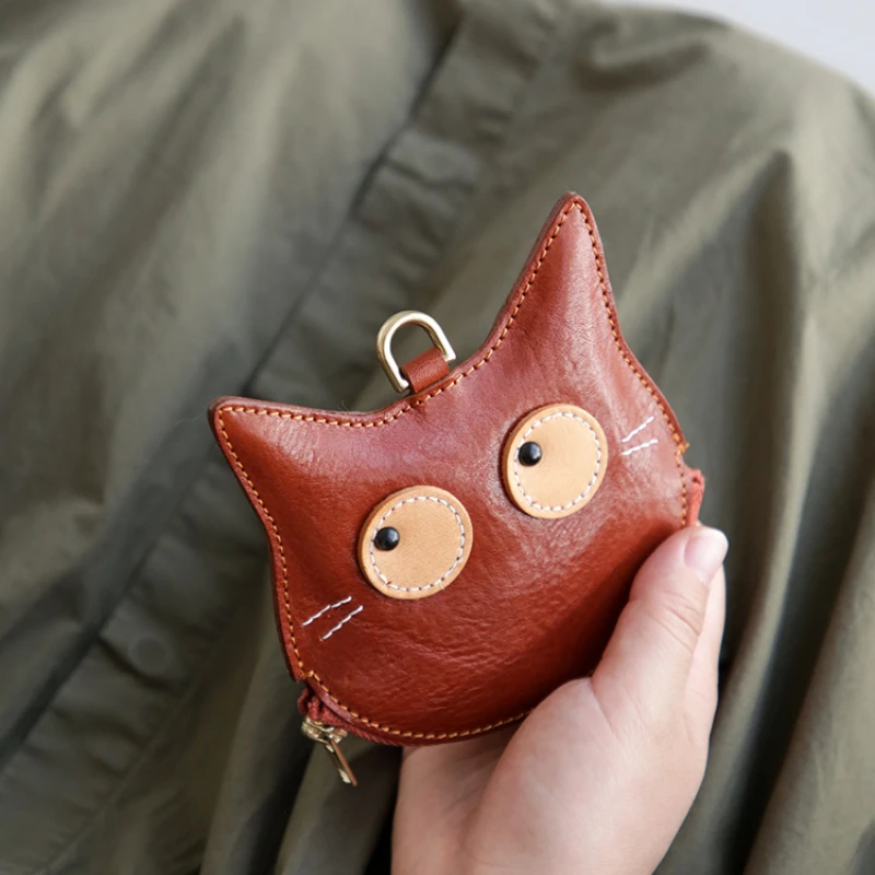 Vintage Soft Genuine Leather Coin Purse Cartoon Kitty Cat Purses for Women Cute Mini Unique Design Thin Wallets with Zipper