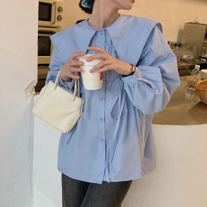 

Blue Doll Collar Dstring Long Sve irt Women's plus Size Faionable Slimming Design Korean Sle Autumn New Arrival