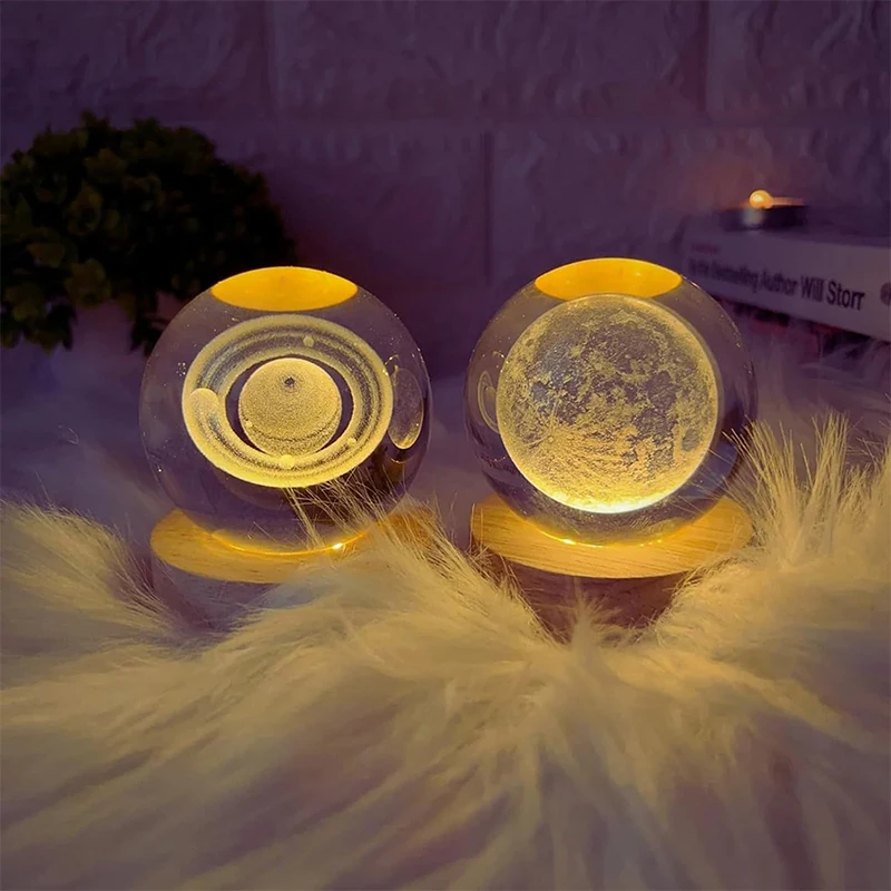 Luminous Crystal Ball LED Night Light Saturn Solar System 3D Moon Table Lamp USB Bedroom Atmosphere Lamp for Birthday Kid Gift