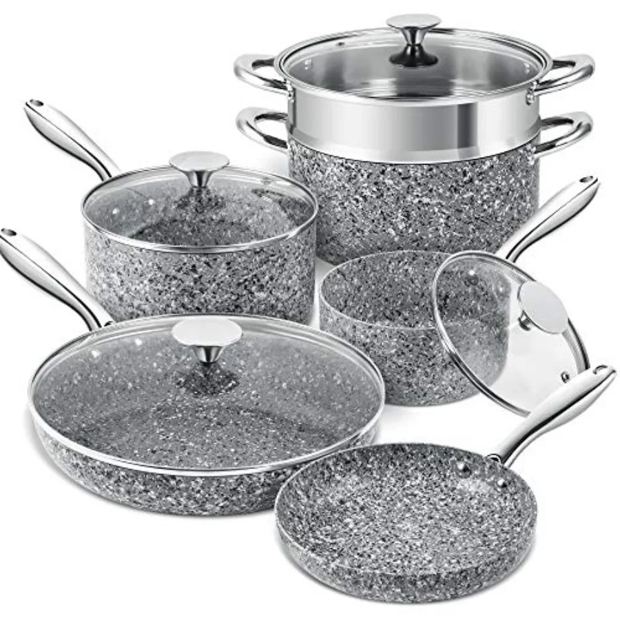 Conjunto de panelas de pedra, 10 peças, panelas e frigideiras ultra antiaderentes com revestimento derivado de pedra para uso em cozinha, acabamento em granito preto e si