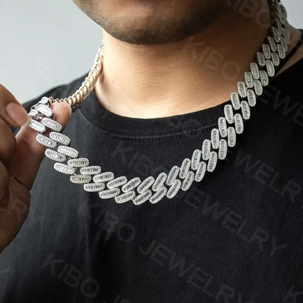 18mm Baguette Cut 925 Silver Vvs Moissanite Cuban Chain Iced Out Hip Hop Necklace Moissanite