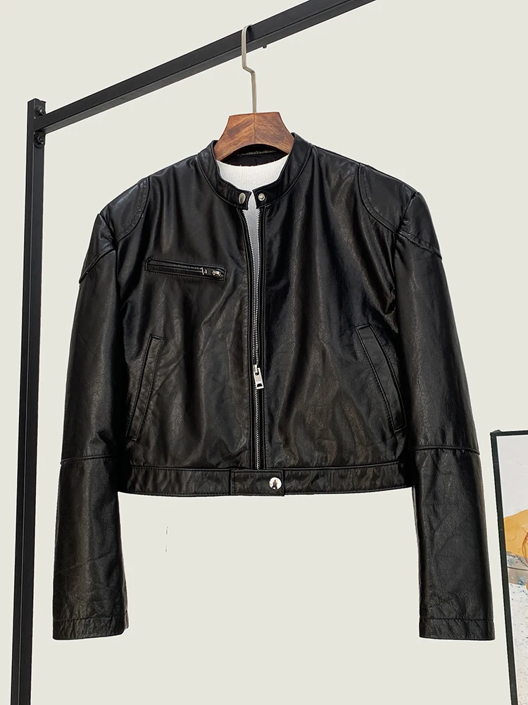 New Black Skeleton-Skin Stand Collar Jacket  High Quality Genuine Real Leather Women's All-Match Casual First Layer Sheep