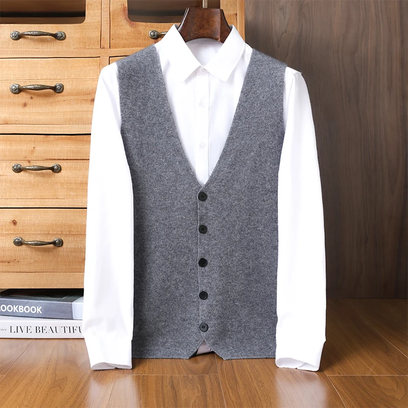 100% pure cashmere cardigan men's V-neck sleeveless cashmere vest Joker comfort temperament Siping cardigan vest coat