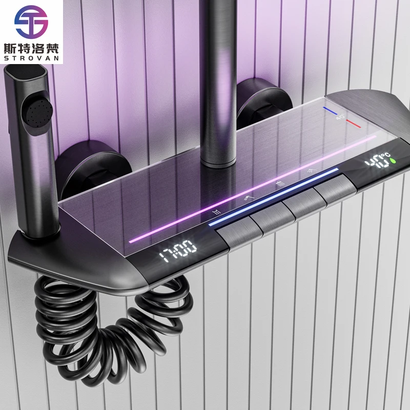 

Gold Luxury Wall Mounted Bath Shower Set Grey Piano Key Digital Display Thermostatic Brass Dual Chrome