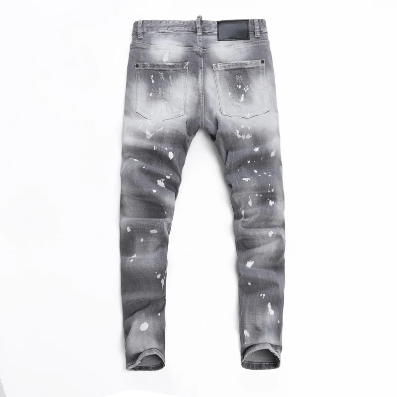 American Fashion New Men's Grey Jeans Washed Nostalgic Stretch Slim Fit Perforated Patch Cone Pants Y2K