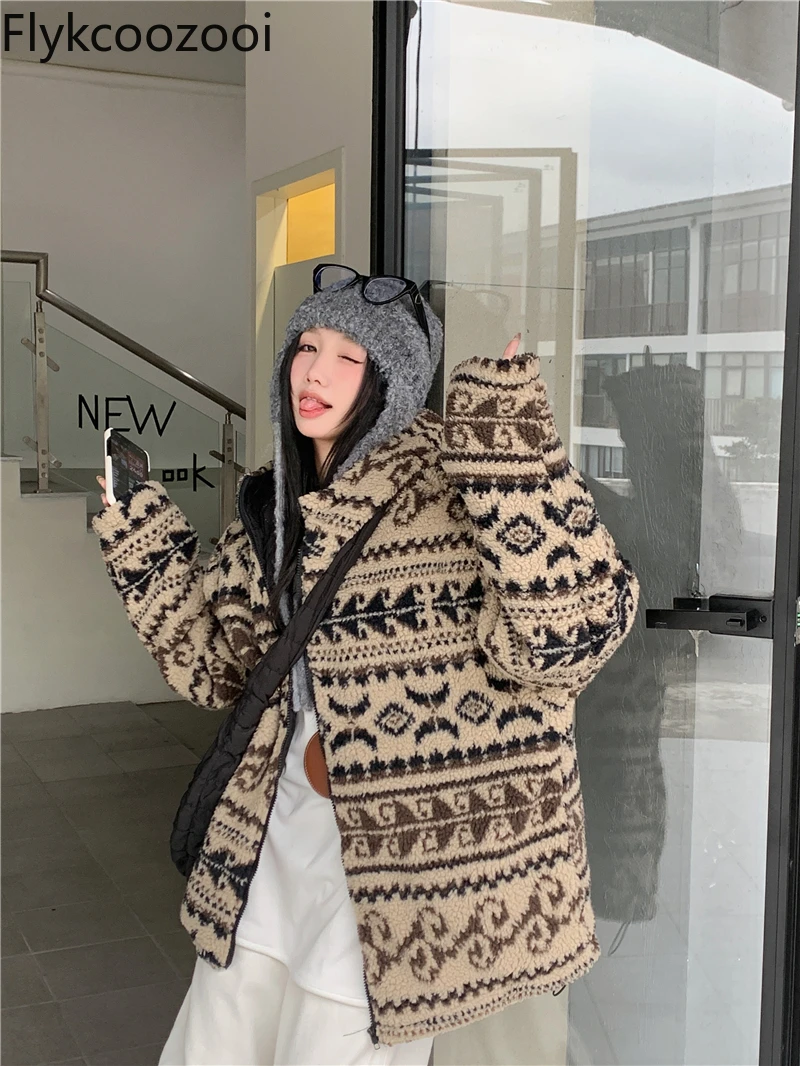 Retro Irregular Fair Isle Style Polar Fleece Jacket Casual Daily Wear Casacos De Inverno Feminino Parka Winter Clothes Women