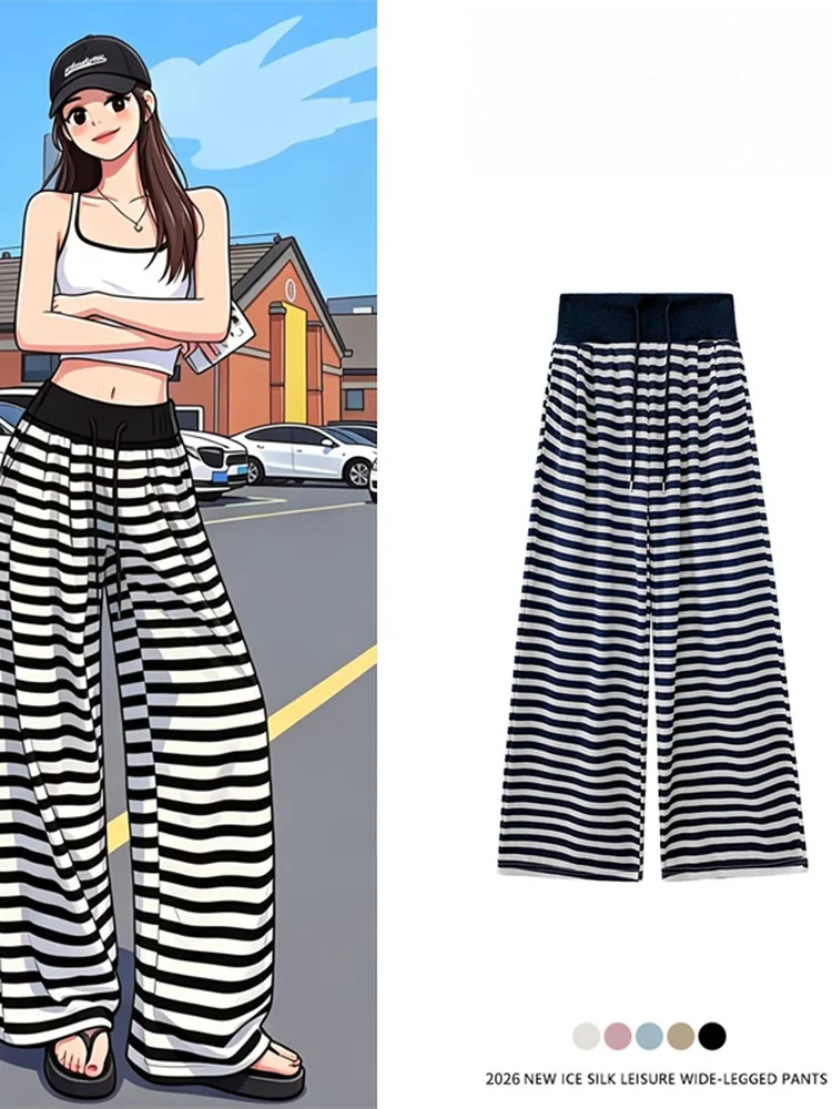 

plus Size Women's Wide Leg Pants Summer Casual Loose Fit High Waist Striped High Waist Elastic Waistband Straight Leg Trousers