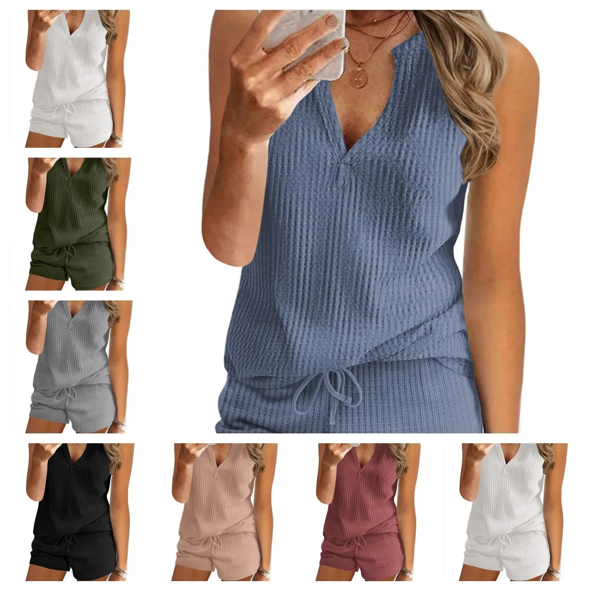 Waffle Vest Set Summer Loose Fashion Casual V-neck Vest Shorts Loungewear Women