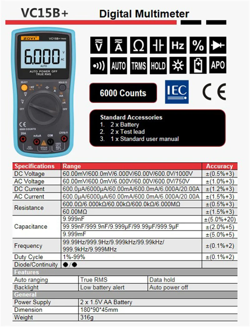 ZOYI VC17B+ Digital Multimeter 6000 Counts Multimetro Multitester Digital Profesional Transistor Capacitor Tester lcr esrmeter