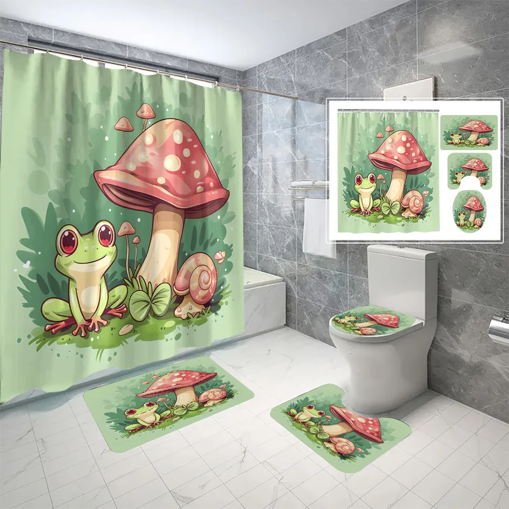 

4pc Mushroom frog digital print bathroom set with hooks, four seasons bathroom decoration, playful bathroom theme