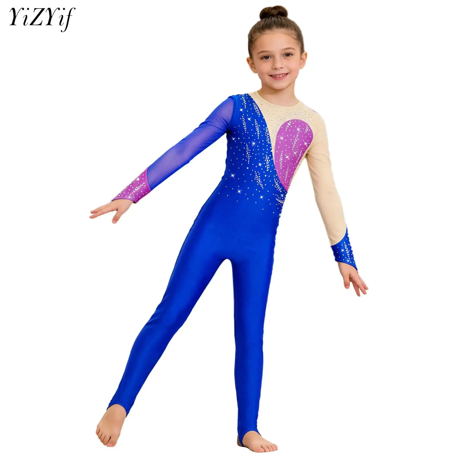 

Купальник для фигурного катания, акробатики и гимнастики для девочек, блестящий, с длинными рукавами, сетчатый, с камнями, для балета и танцев, комбинезон с подпятниками