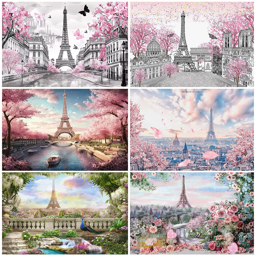 

Paris Eiffel Tower Backdrop Art View Scenery Photo Background Pink Flowers French Landscape Lady's Birthday Party Decorations
