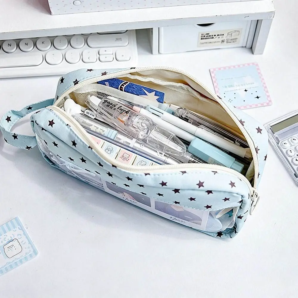 Portable Star Pattern Pencil Case Canvas Large Capacity Pen Pouch Zipper Stationery Organizer Student Supplies