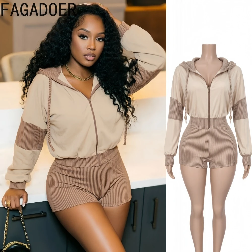 FAGADOER Women Colorblock 2 PCS Set Zip Up Hooded Long Sleeve Jacket High Quality Ribbed Shorts Casual Sporty Streetwear Outfit