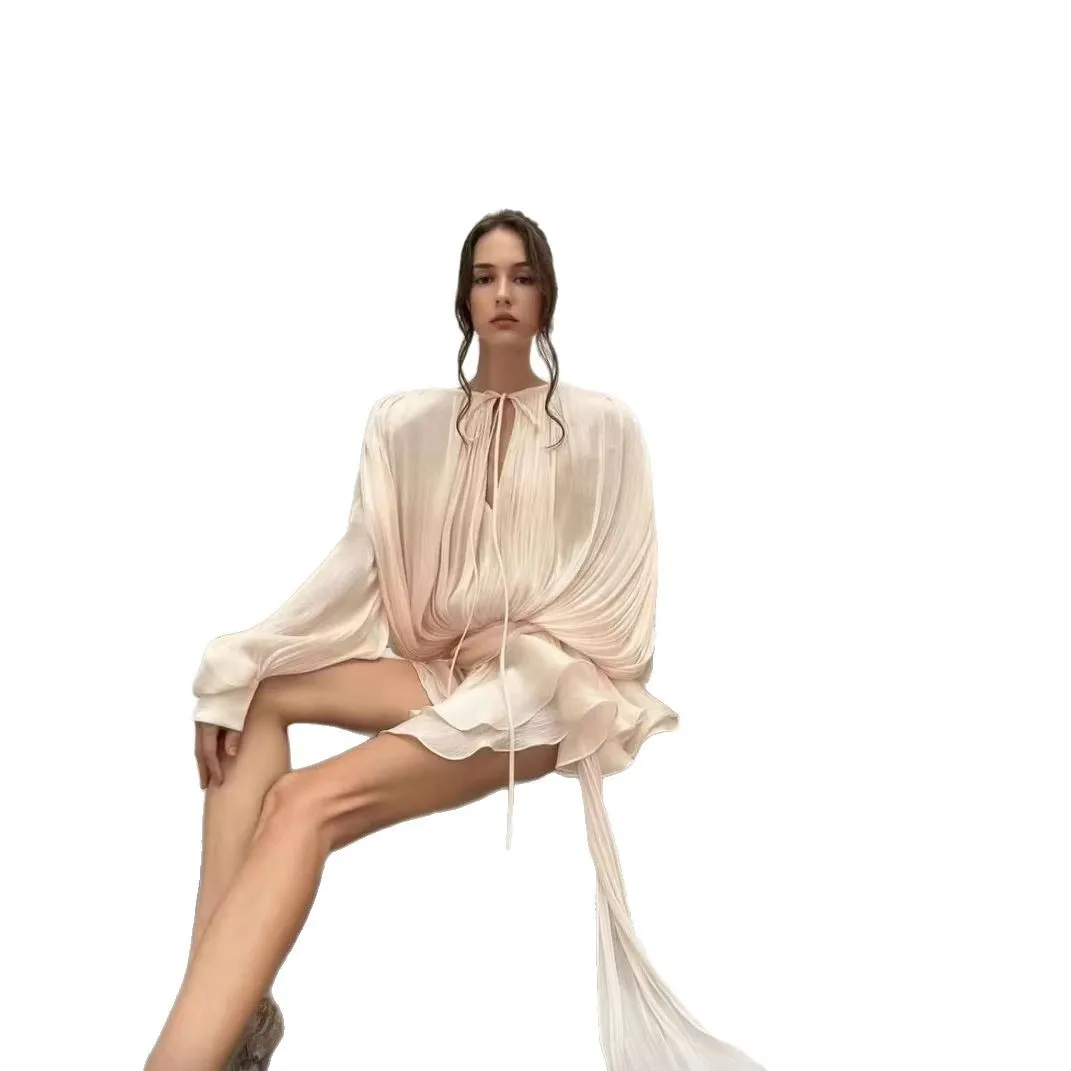 Bubble Sleeve Ruffle Edge Short Skirt Two-piece Set New  Short Dress 2025 Europe and America