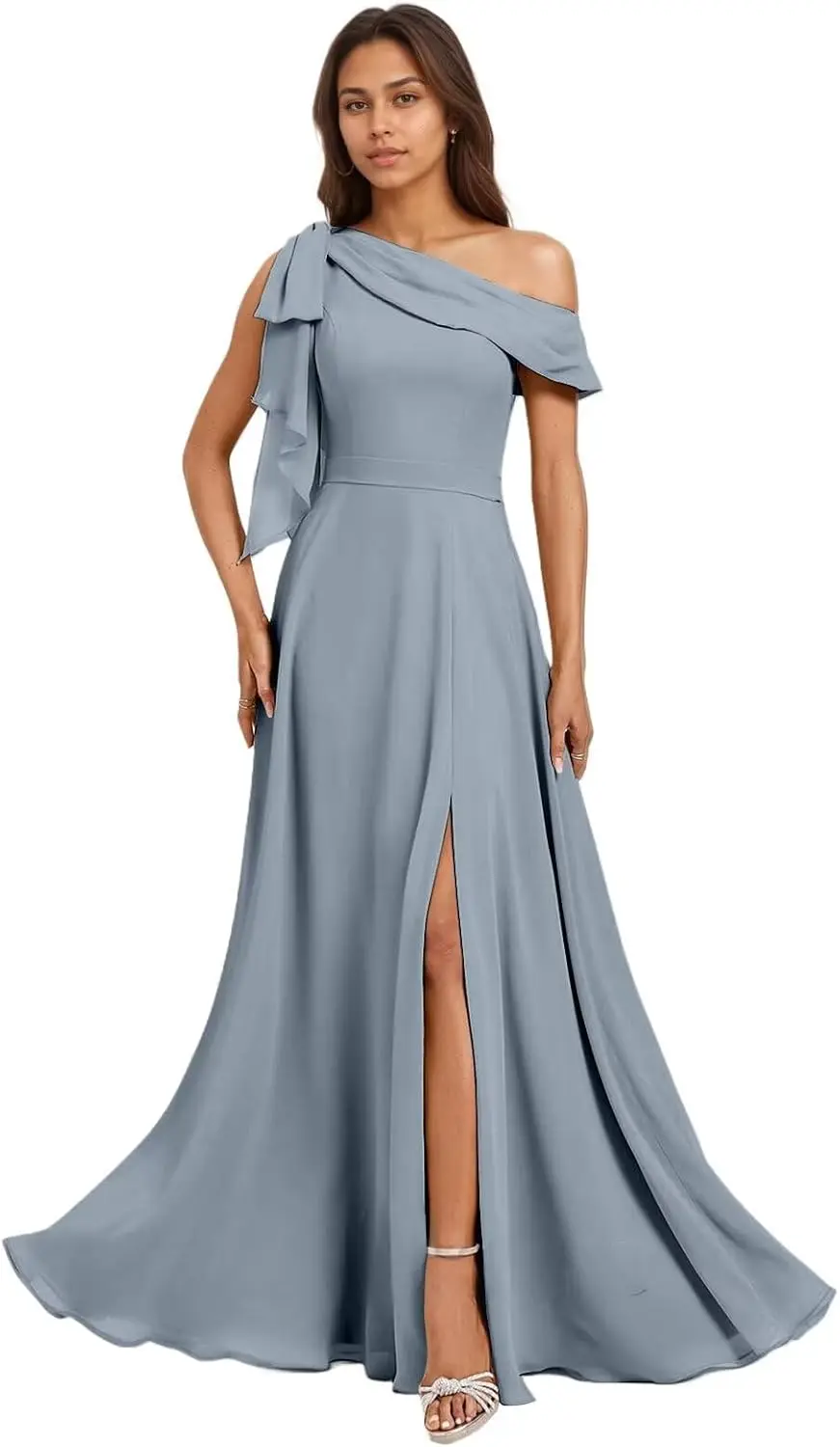 원숄더 롱 브라이드메이드 드레스 쉬폰 빅 보우 A라인 볼 드레스 여성용 우아한 정장 이브닝 드레스, 칵테일 드레스