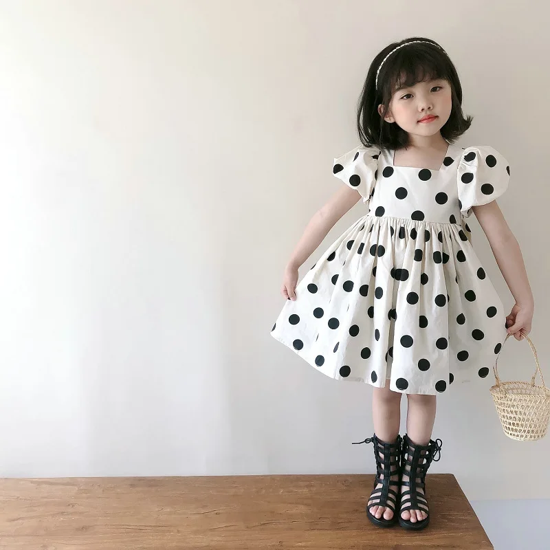 Girls' Polka Dot Square Neck Dress Princess Dress25Summer New Foreign Trade Children's Wear Delivery3-8Years Old