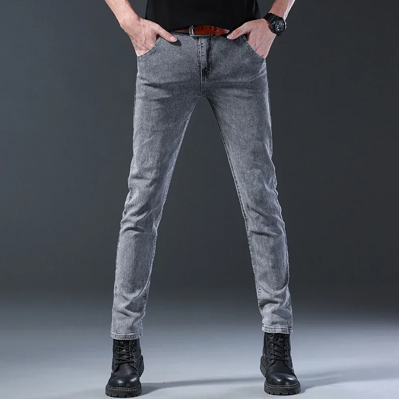 TPJB New Style Men's Slim Fit Jeans Korean Style Comfortable Straight Leg Elastic Gray Mid Waist Pants, Men's Casual Denim Pants
