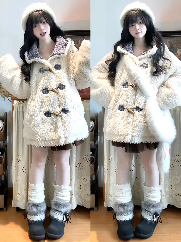 

Японский Sle College Wind с капюшоном, теплый ягненковый мех, женский зимний топ из натуральной кожи и меха, молодежный повседневный длинный све