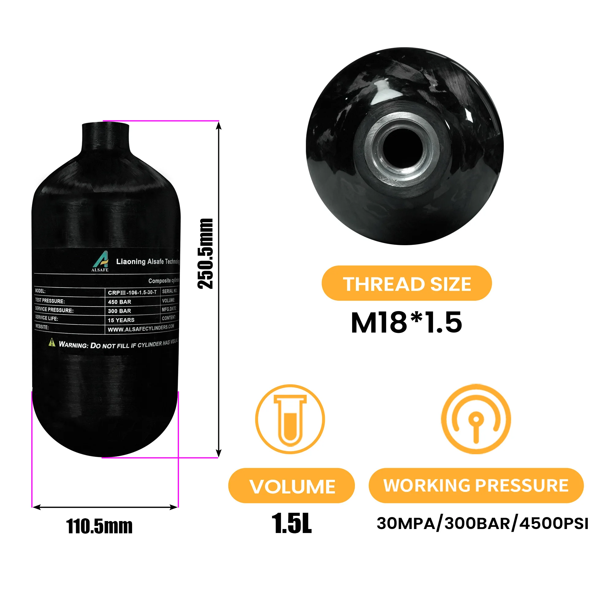 Imagem -05 - Tuxing-fibra de Carbono Cilindro Tanque de Mergulho Hpa Garrafa de ar Alta Pressão Mini Mergulho Thread M18 1.5 300bar 4500psi 1.5l