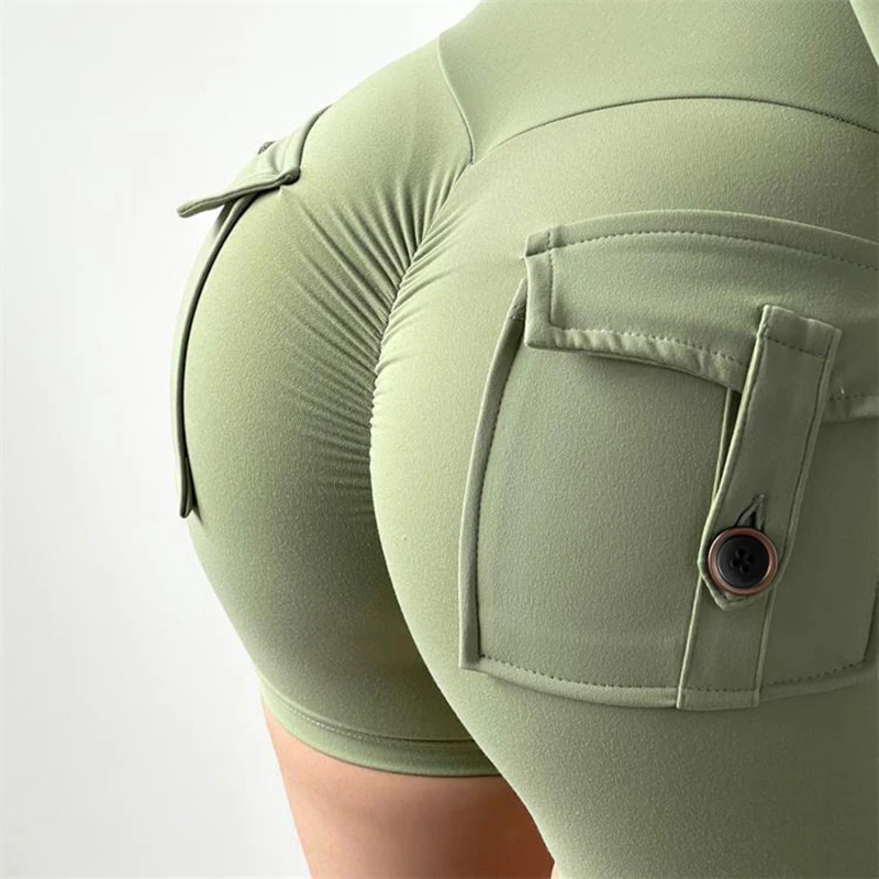 Calções de treino de cintura alta para mulheres Push Up Booty Scrunch Biker Shorts, calças bolsos, ginásio Fitness, calças justas de ciclismo, esporte sexy