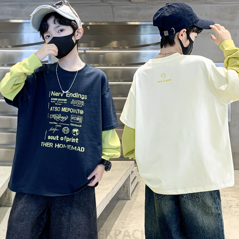 New Kids Designer Autumn Fake Two-Piece T-shirt for Tweens Boy Letter Print Long Sleeve Tshirt Children School Cotton Tee Top